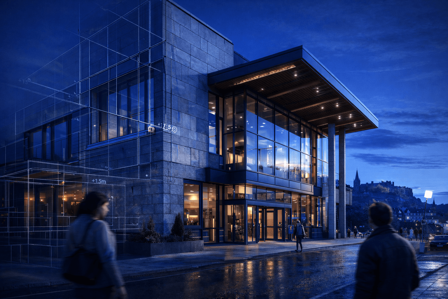 Modern commercial building at blue hour - Varsity Consulting
